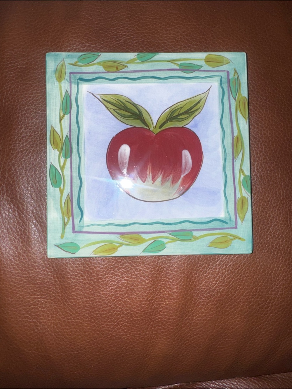 Hand-Painted Ceramic Apple Art Tile 6x6", Green Leaf & Vine Border